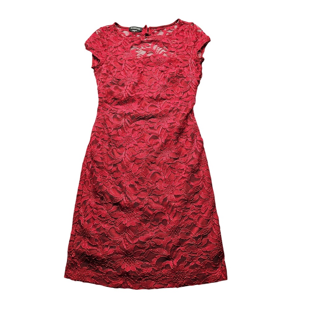 Bebe Floral Lace Sheath Dress Women S Red Cap Sleeve Knee Length Cocktail Party